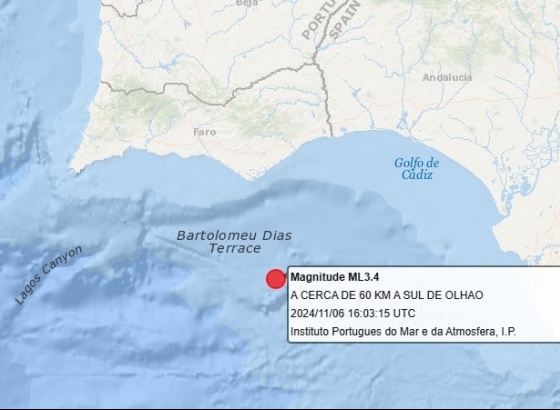 Registado sismo de magnitude 3.4 a sul de Olhão