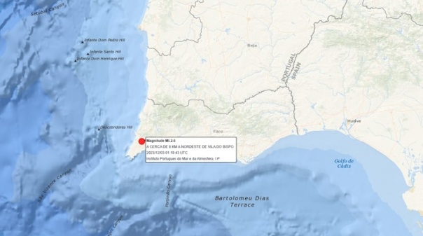 Sismo de 2,6 na escala de Richter registado próximo de Vila do Bispo 