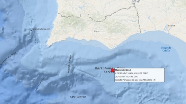 Registado sismo de 3.0 a 35km a sul de Faro 